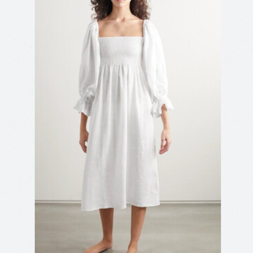 Sleeper White Smocked Midi Dress with Puff Sleeves